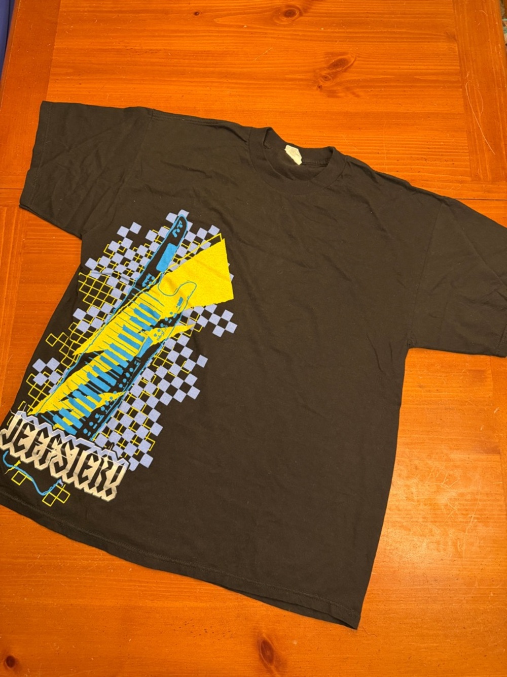 Black Graphic Men’s T-Shirt with Jeffster Yellow & Blue Guitar Design